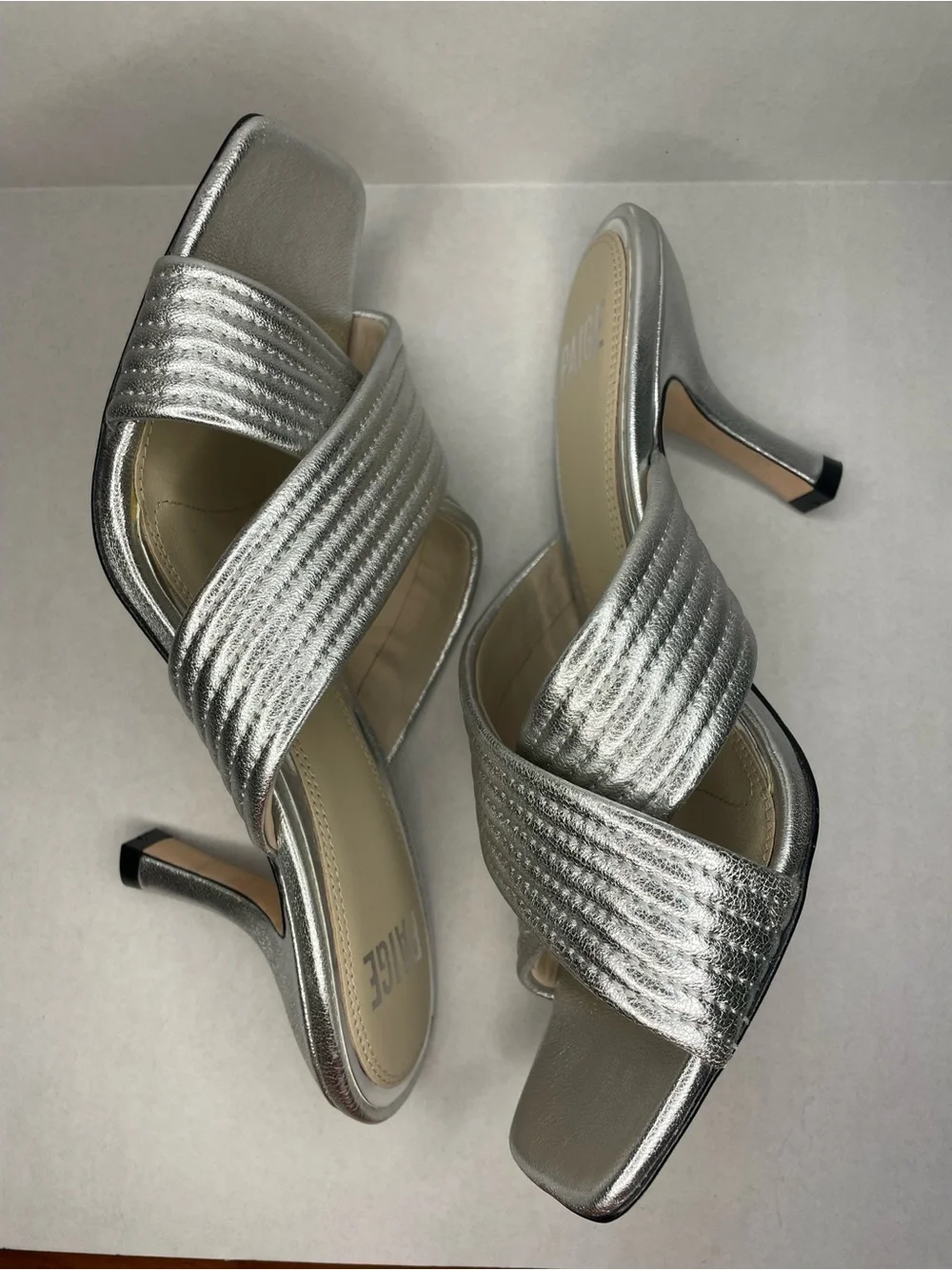 PAIGE Anthropology Leigh Metallic Silver Crisscross Open-Toed Heels